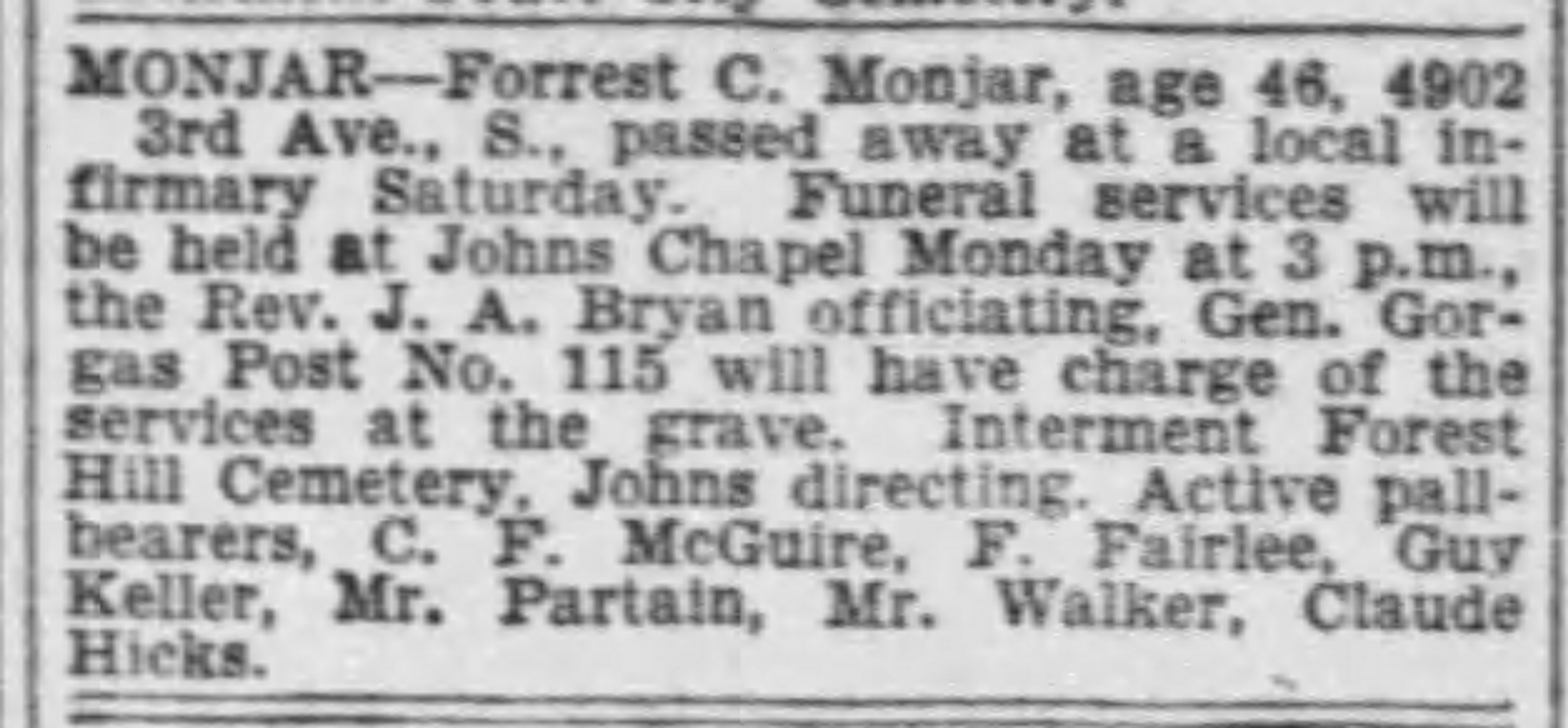 Forrest C. Monjar obituary